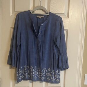 Loft Blue Boho Blouse with White Embroidery